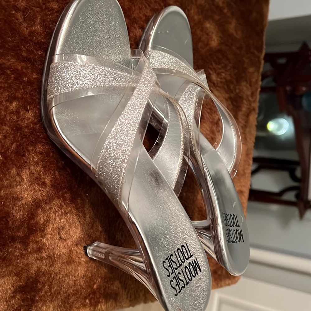Silver open toe sandals. Silver and clear. Lightly worn